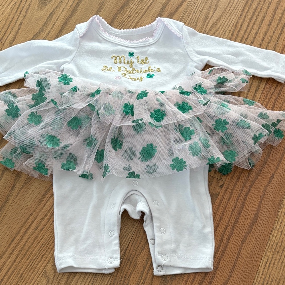 White Baby Outfit with Green Shamrock Tutu